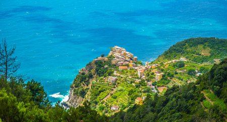 Panoramic view of the beautiful town Manarola, one of the five famous fisherman villages of Cinque...