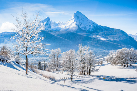 Beautiful mountain landscape in the Bavarian Alps with village of Berchtesgaden and Watzmann massif in the background at sunrise, Nationalpark Berchtesgadener Land, Bavaria, Germanyの写真素材
