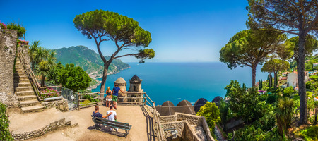 Scenic picture-postcard view of famous Amalfi Coast with Gulf of Salerno from Villa Rufolo gardens in Ravello, Campania, Italyの写真素材