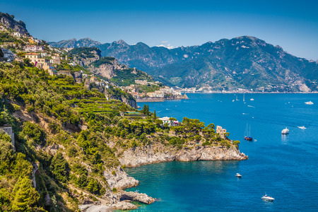 Scenic picture-postcard view of famous Amalfi Coast with beautiful Gulf of Salerno, Campania, Italyの写真素材