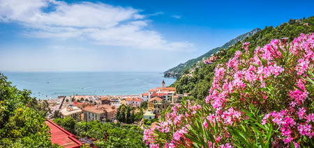 Scenic picture-postcard view of famous Amalfi Coast with beautiful Gulf of Salerno, Campania, Italyの写真素材