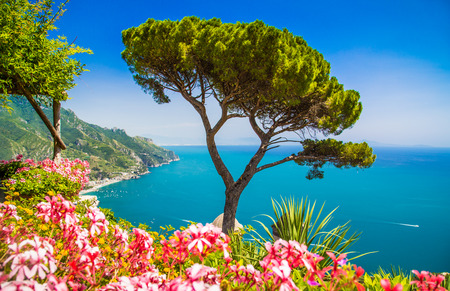 Scenic picture-postcard view of famous Amalfi Coast with Gulf of Salerno from Villa Rufolo gardens in Ravello, Campania, Italyの写真素材