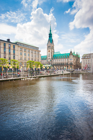 Beautiful vertical view of historic Hamburg city center with famous town hall and Kleine Alster river on a sunny day with blue sky and clouds in summer, Hamburg, Germanyの写真素材