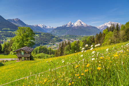 Beautiful view of idyllic mountain scenery in the Alps with traditional mountain chalet and fresh green mountain pastures with blooming flowers on a sunny day with blue sky and clouds in summerの写真素材