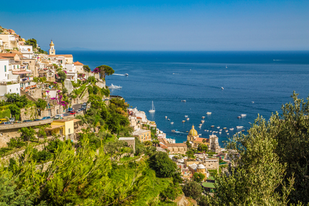 Scenic picture-postcard view of the town of Positano at famous Amalfi Coast with Gulf of Salerno in beautiful evening light, Campania, Italyの写真素材