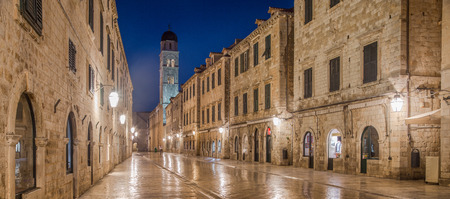 Classic panoramic view of famous Stradun, the main street of the old town of Dubrovnik, in beautiful morning twilight before sunrise at dawn, Dalmatia, Croatia