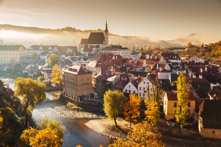 Panoramic view of the historic city of Cesky Krumlov with famous Cesky Krumlov Castleの写真素材