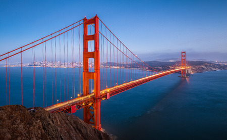 Classic panoramic view of famous Golden Gate Bridge seen from Battery Spencer viewpointの写真素材