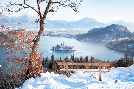 Beautiful view of wooden bench overlooking famous Lake Bled with Bled Island and Julian Alpsの写真素材