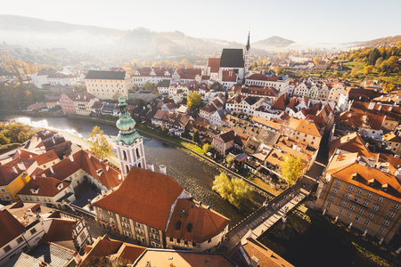 Aerial view of the historic city of Cesky Krumlov with famous Cesky Krumlov Castleの写真素材
