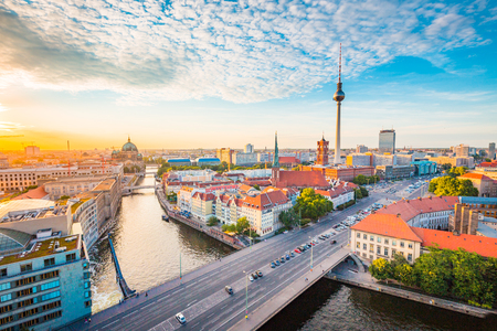 Classic view of Berlin skyline with famous TV tower and Spree in beautiful golden evening light at sunset, central Berlin Mitte, Germanyの写真素材