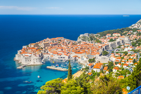 Panoramic aerial view of the historic town of Dubrovnik, one of the most famous tourist destinations in the Mediterranean Sea, from Srt mountain on a beautiful sunny day in summer, Dalmatia, Croatiaのeditorial素材