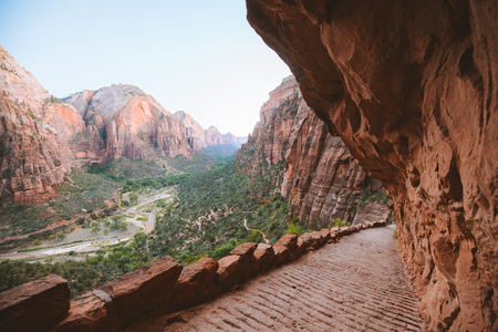 Panoramic view of famous Angels Landing hiking trail lead overlooking scenic Zion Canyon on a beautiful sunny day with blue sky in summer, Zion National Park, Springdale, southwestern Utah, USAの写真素材