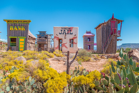 Panoramic view of beautiful abandoned gold rush town in the desert of the American Wild West on a beautiful sunny day with blue sky in summerの写真素材