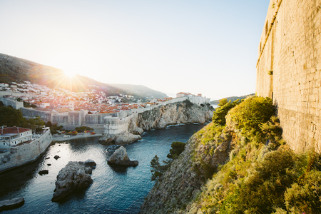 Beautiful panorama view of the historic town of Dubrovnik in beautiful golden morning light at sunrise, Dalmatia, Croatiaの写真素材