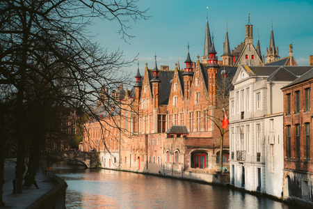 Classic panoramic view of the historic city center of Brugge, often referred to as The Venice of the North, province of West Flanders, Belgiumの写真素材
