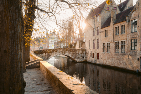 Classic panoramic view of the historic city center of Brugge, often referred to as The Venice of the North, province of West Flanders, Belgiumの写真素材
