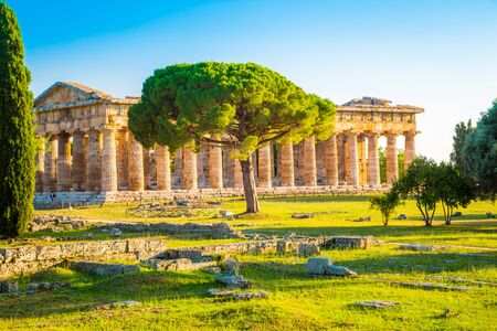 Paestum Temples Archaeological UNESCO World Heritage Site at sunset, Province of Salerno, Campania, Italyのeditorial素材