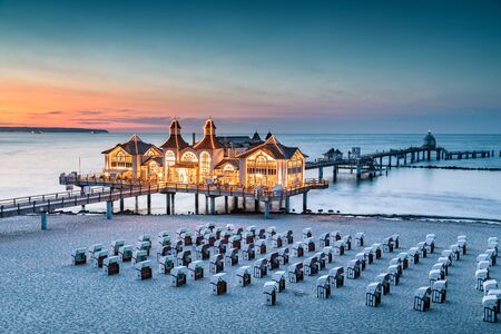Famous Sellin Seebruecke (Sellin Pier) in beautiful evening twilight at dusk #in summer, Ostseebad Sellin tourist resort, Baltic Sea region, Germanyのeditorial素材