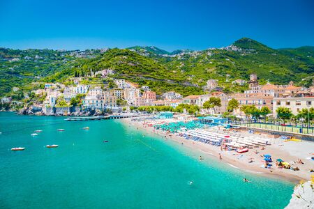 Scenic panoramic view of the beautiful town of Amalfi at famous Amalfi Coast with Gulf of Salerno in summer, Campania, Italyの写真素材