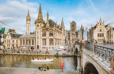 Panoramic view of the historic city center of Ghent with Leie river on a sunny day, East Flanders region, Belgiumのeditorial素材