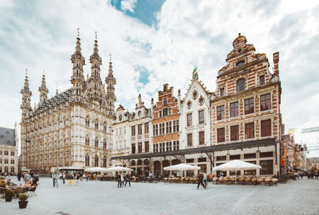 Panoramic view of the historic city of Leuven on a beautiful sunny day with blue sky and clouds, Flanders region, Belgiumのeditorial素材