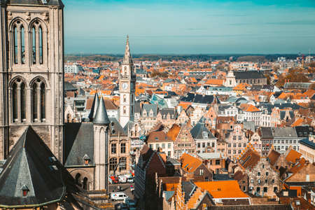 Aerial panoramic view of the historic city of Ghent on a beautiful sunny day with blue sky and clouds in summer, province of East Flanders, Belgiumのeditorial素材