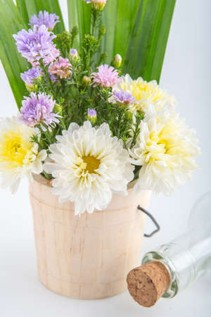 Colorful flowers in the wooden bucket on the white backgroundの写真素材