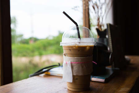 Cold espresso iced coffee,Old atmosphere in a cafe.の写真素材