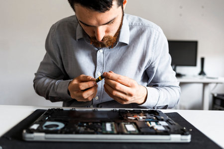 Computer repair technician working on a laptop with small tools