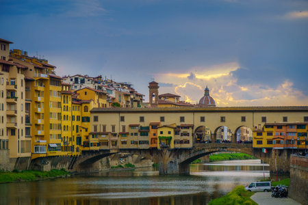 Panorama of the Italian city Florence with the golden bridgeのeditorial素材