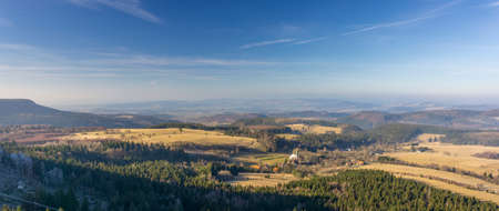 Panorama from the top of the Mountains of Szczeliniec in the Polish Mountains of Pieninyの写真素材