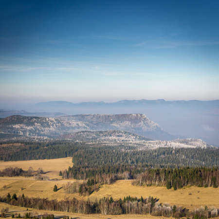 Panorama from the top of the Mountains of Szczeliniec in the Polish Mountains of Pieninyの写真素材