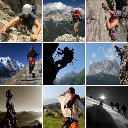 Collage of mountain summer sports including hiking, climbing and mountaineeringの写真素材