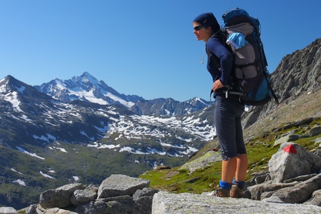 Young woman trekking in the Austrian Alpsの写真素材