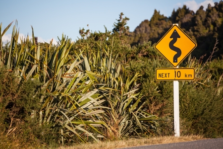 Road sign on gravel road in New Zealandの写真素材