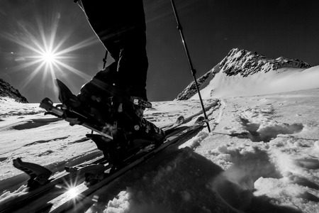 Skitouring - detail of a ski binding during winter mountain ascentの写真素材
