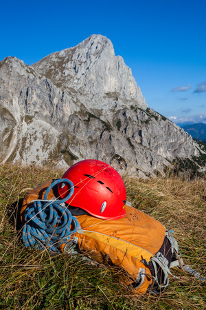 Backpack with helmet and rope - climbers equipmentの写真素材