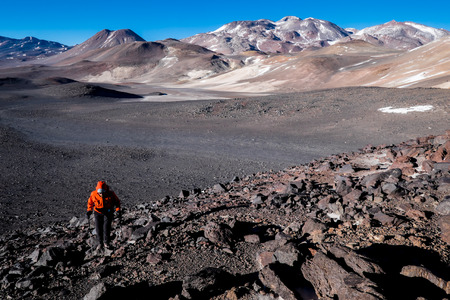 Climber during the ascent of a volcano in the Andes, Argentinaの写真素材