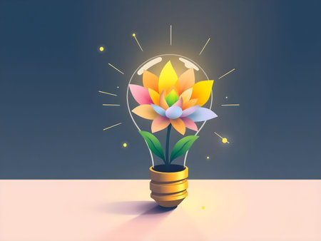 Illustration of a lightbulb with a flower inside on a blue backgroundの素材