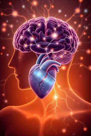 Human heart with neurons and nervous system. 3d vector illustration.の素材