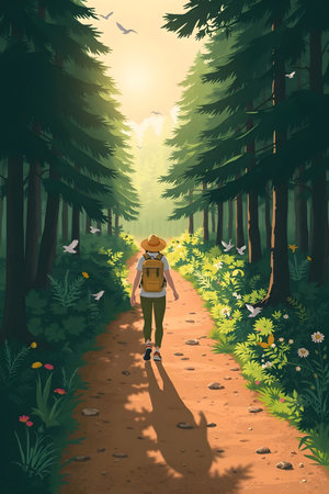 Hiking in the forest with a backpack and a hat. Vector illustrationの素材