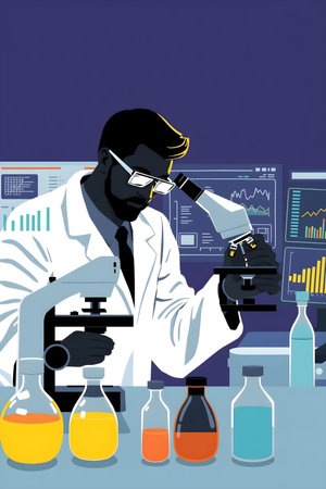 Vector illustration of scientist working in laboratory with microscope and test tubes.の素材