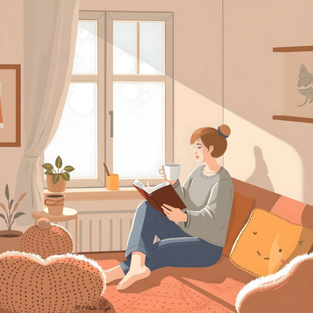 Young woman reading a book at home. Vector illustration in cartoon style.の素材