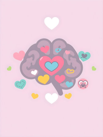 Brain with hearts on pink background. Love concept. Vector illustration.の素材