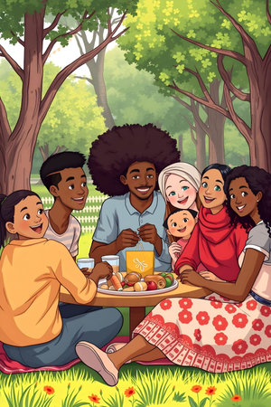 Illustration of a Happy Family Enjoying a Picnic in the Parkの素材