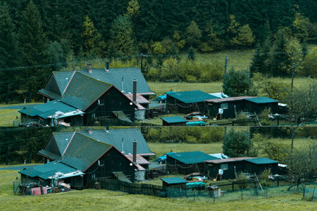 Wooden houses in the mountains of the Altai Republic, Russiaの写真素材