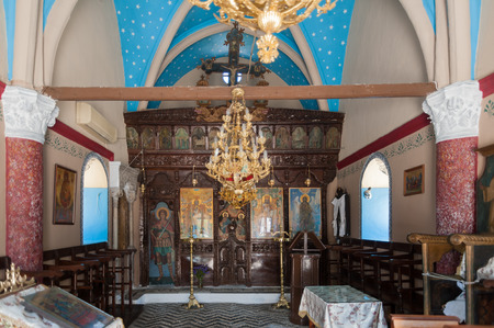 Kalopetra Monastery. Island of Rhodes. Greece. 05/28/2018. Richly decorated interior of local monastery situated at the end of Valley of Butterflies.のeditorial素材