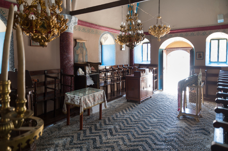 Kalopetra Monastery. Island of Rhodes. Greece. 05/28/2018. Richly decorated interior of local monastery situated at the end of Valley of Butterflies.のeditorial素材