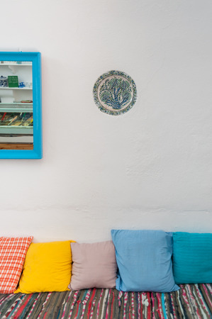 Traditional restaurant in Lindos Town. Outdoor eating. Greek Island of Rhodes.の写真素材